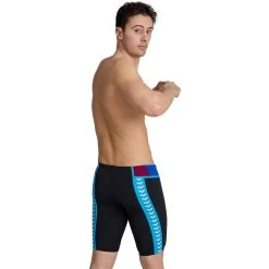 Arena Performance Icons Panel Swim Jammer Men - Black/Neon Blue/Red Fandango/Turquoise -Arena Shop arena mens icons swim jammer panel black neon blue red fandango turquoise 6 1512900