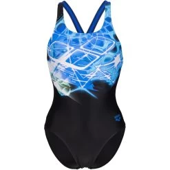 Arena Placement V Back Swimsuit Women - Black-Neon Blue -Arena Shop arena womens swimsuit v back placement black neon blue 3 1252328